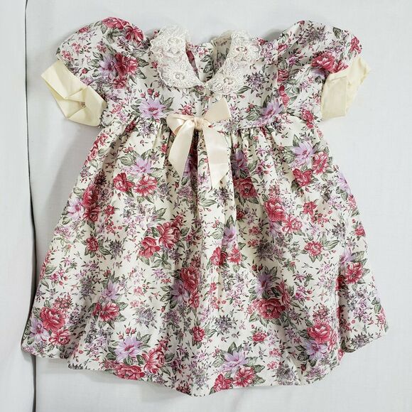 Vtg Nursery Rhyme Girls 6-12 Mths Party Dress Floral Lined Bow Lace Multicolor - Picture 3 of 11